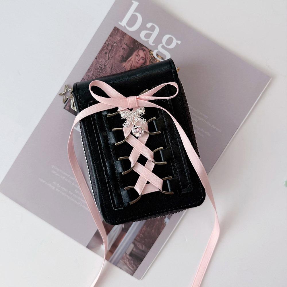Korean INS PU Card Bag Snap Button Type Ribbon Strap-on Style Wallets 14 Slots Coin Purse Gift
