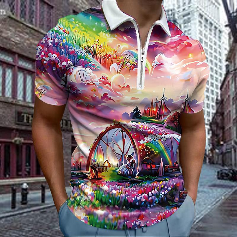 Casual Lapel T-shirt Young Men's Fashion Zipper T-shirt Short Sleeve T-shirt Men's 3D Cross Print T Shirt