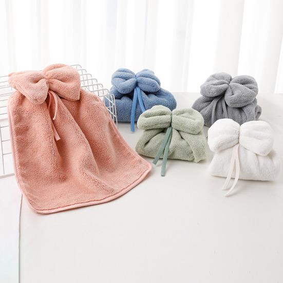 Hand Towel Coral Fleece Solid Color Design Bow Decoration Quick Dry Absorbent
