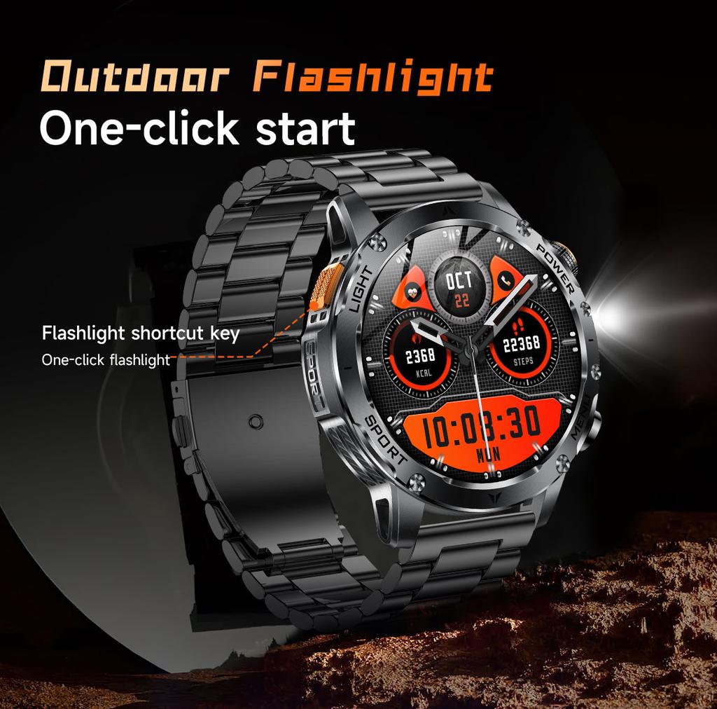 AK87 Men Outdoors Smart Watch Flashlight Multi-Sports Fitness Tracker Bluetooth Calling 1000Mah Large Battery Smartwatch