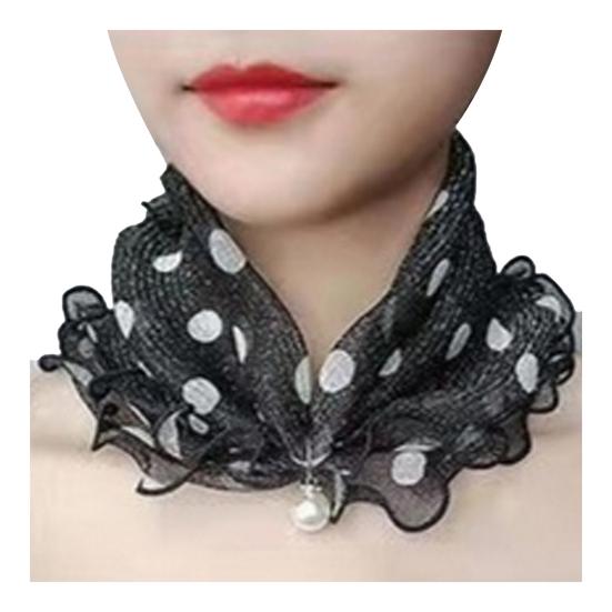 Faux Silk Scarf Lightweight Mesh Soft Shiny Touch Edge-covered Design Scarf with Faux Pearl Decor Neck Decoration