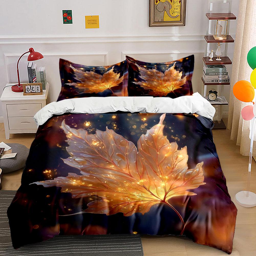 3Pcs Golden Maple Leaf Bedding Set, Glowing Translucent Autumn Leaf Print Duvet Cover + 2 Pillowcases, Magical Fall Decor