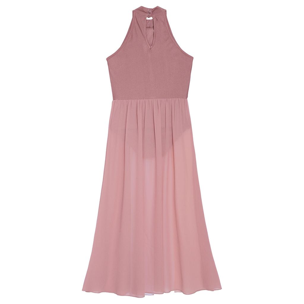 Детское платье для девочек с цветными блоками, лирическое танцевальное платье, шифоновое, без рукавов, длинное платье с разрезом для современного танцевального костюма