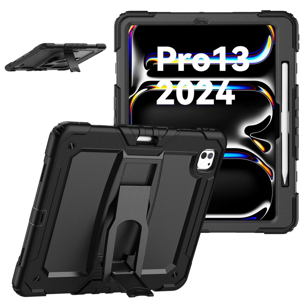 For iPad Pro 13 (2024) Kickstand Case PC+Silicone Tablet Cover with Pen Slot/Shoulder Strap