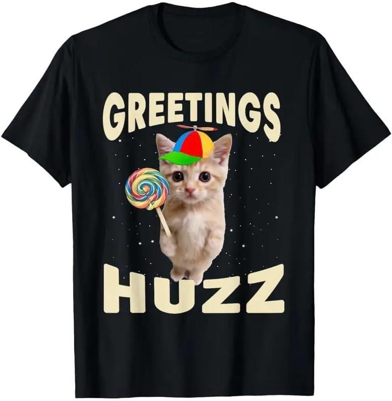 Black ShortSleeve TShirt Light Brown Kitten With Hat Lollipop GREETINGS HUZZ Text Cute Casual TShirt