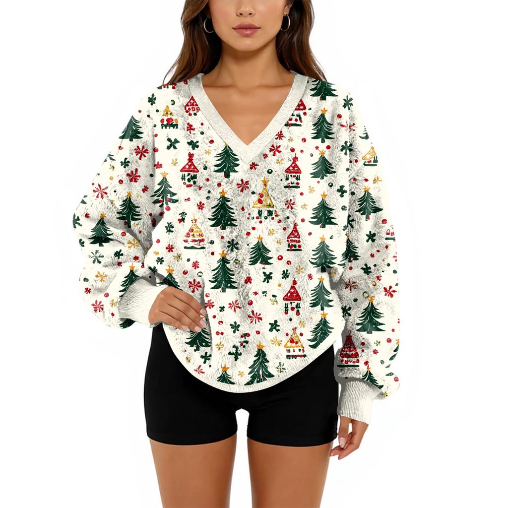 Women's V-Neck Sweatshirt Plush Solid Color Casual Fashion Long Sleeve With Pocketed Pullover Top