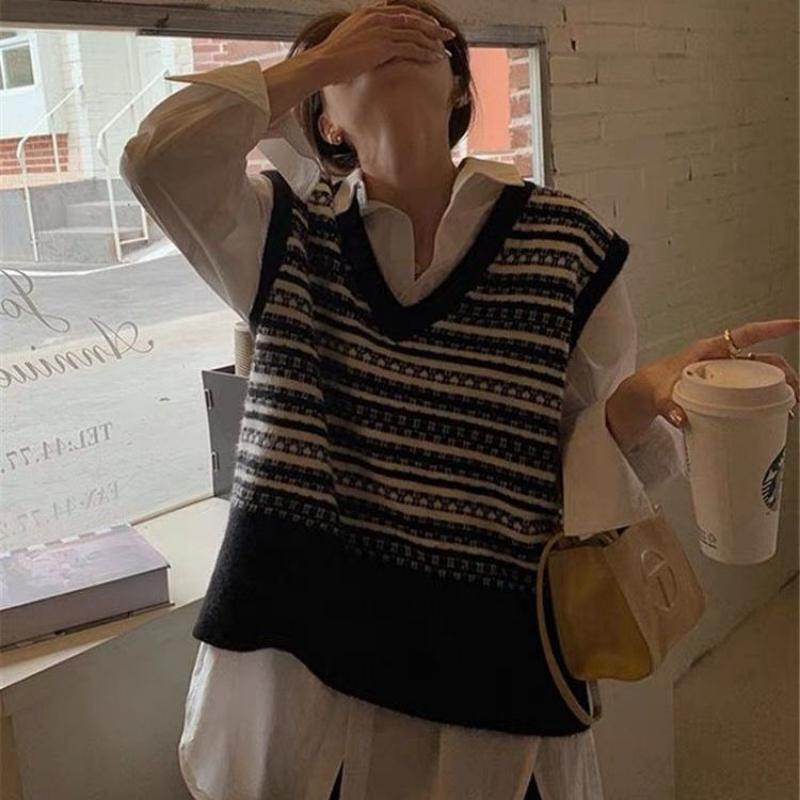 Пуловер-свитер, женский жилет 2023, винтажный вязаный жилет, женский осенний свободный жилет с v-образным вырезом и свободным полосатым жилетом без рукавов