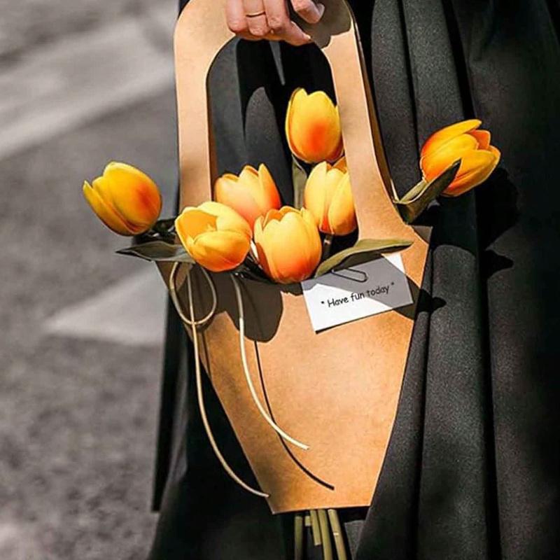 10 шт. Крафт-бумажные пакеты для упаковки и украшения букетов цветов с ручками, простые коричневые крафт-бумажные пакеты для букетов цветов для свадьбы