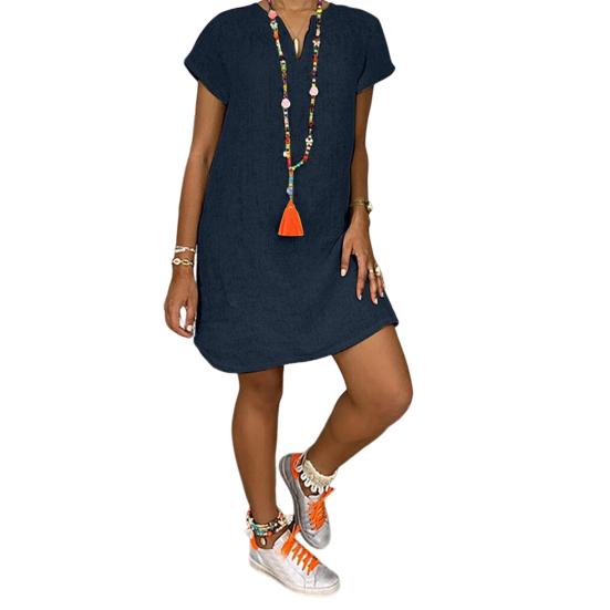 Летнее платье с V-образным вырезом и разрезом на подоле, свободное нерегулярное платье с короткими рукавами, сплошной цвет, пуловер длиной до колена, повседневная повседневная одежда, платье миди