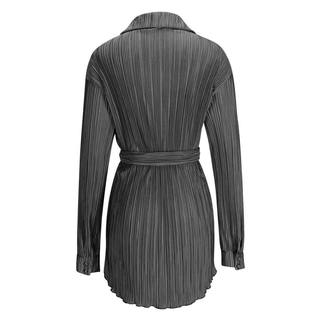 Women's Shirt Collar Fashionable Elastic Waist Pleated Long Sleeved  Dress