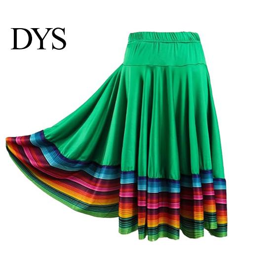 Dance Skirt Midi Ladies Folk Elastic High Waist Spanish Swing Rainbow Large Hem Mexican Flamenco Performance