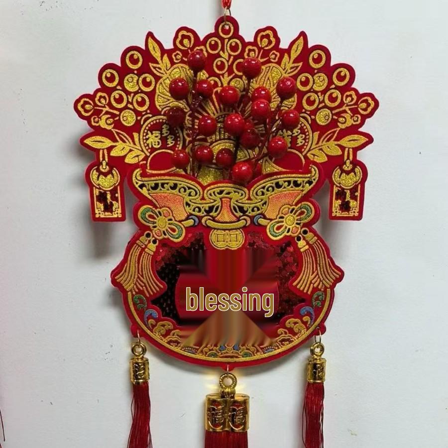 New Year Horse Lucky Bag Red Fruit & Fish Hanging Ornament - Fu Character Festival Decoration for Living Room