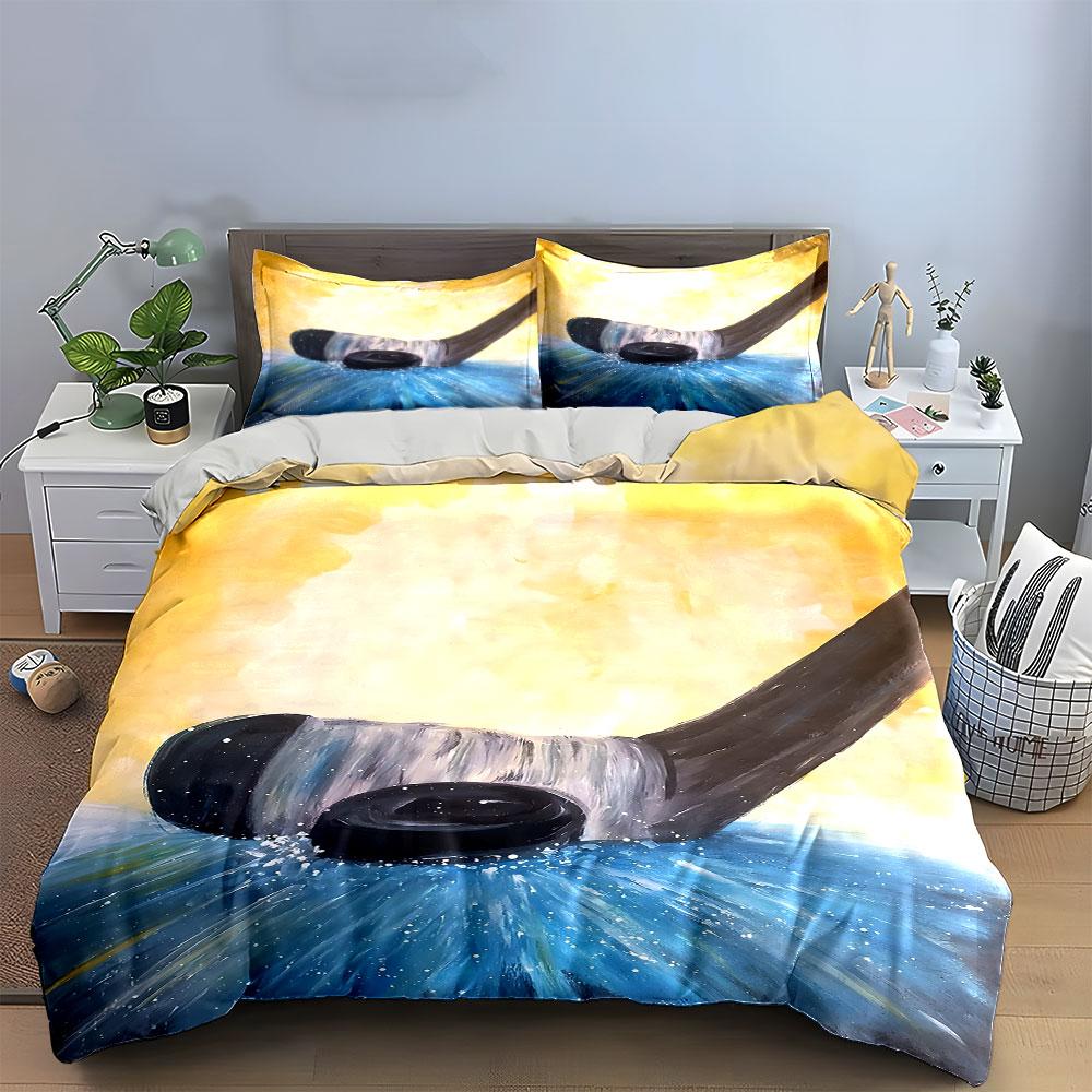 Hockey Stick and Puck Splash Art Print Bedding Set Duvet Cover Pillowcases (1* Duvet Cover 2* Pillowcases Do Not Include Comforter)