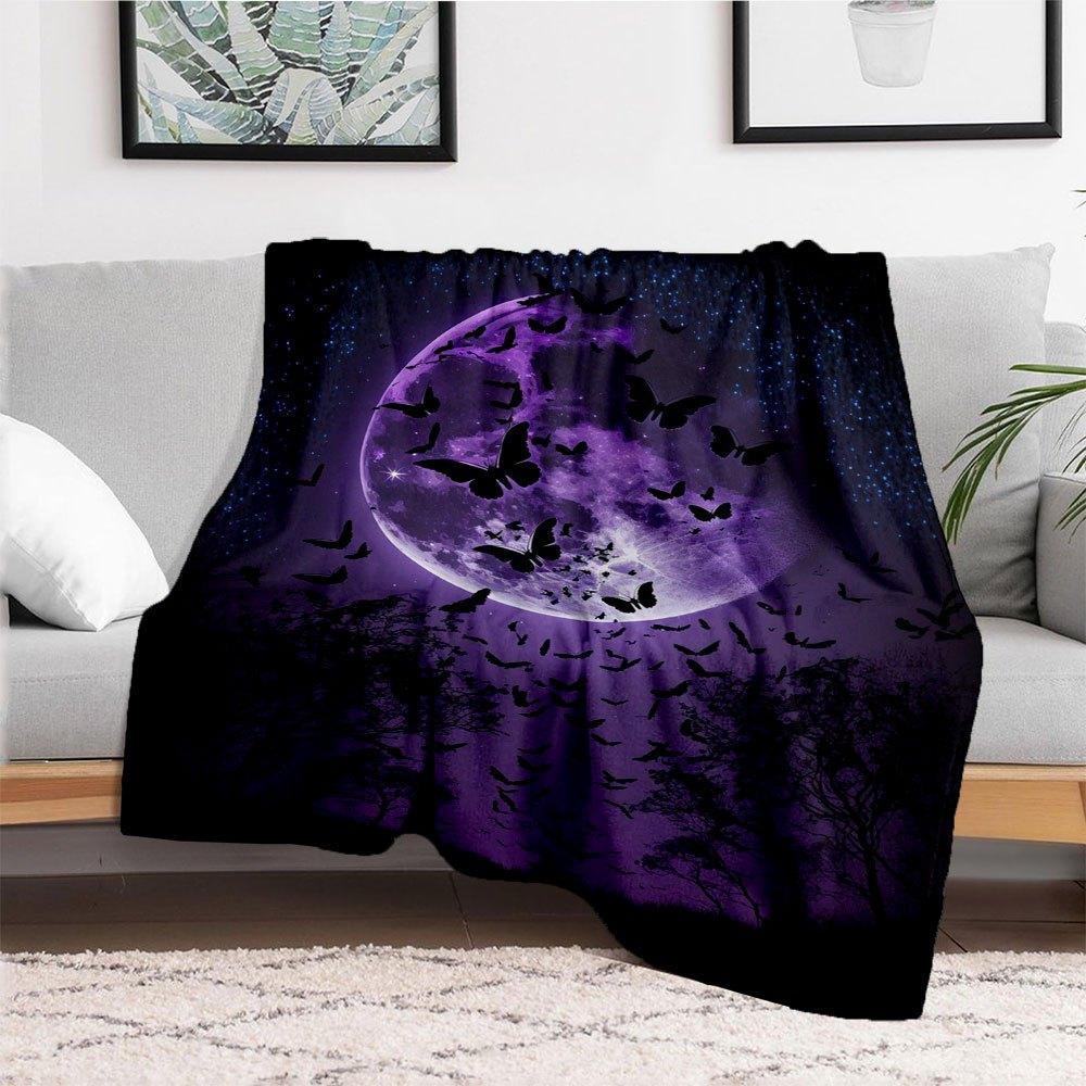 Purple Moon Butterfly Wall Art Print Poster DecorBlanket Flannel Throw Blanket for Sofa, Bed, Travel, Camping, Office