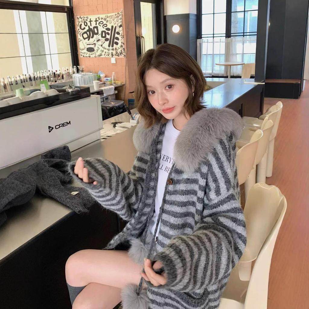 Available Now: Women's Mid-Length Striped Knit Cardigan with Hood and Large Fur Collar - Thickened for Autumn/Winter