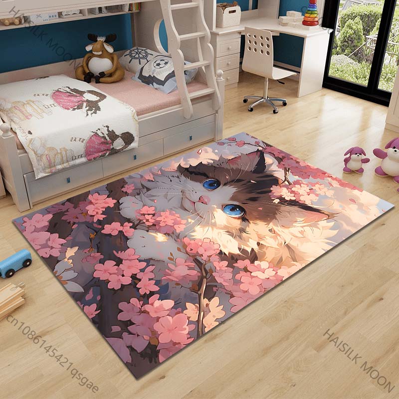 Multiple sizes Cat with Cherry Blossoms Carpet for Living Room Bedroom Sofa Home Decor Rus Non-slip Floor Mat Luxury Gift