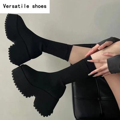 Женские ботильоны на платформе в стиле панк, модные эластичные узкие туфли на толстом каблуке, осень-зима, элегантные короткие ботильоны для женщин