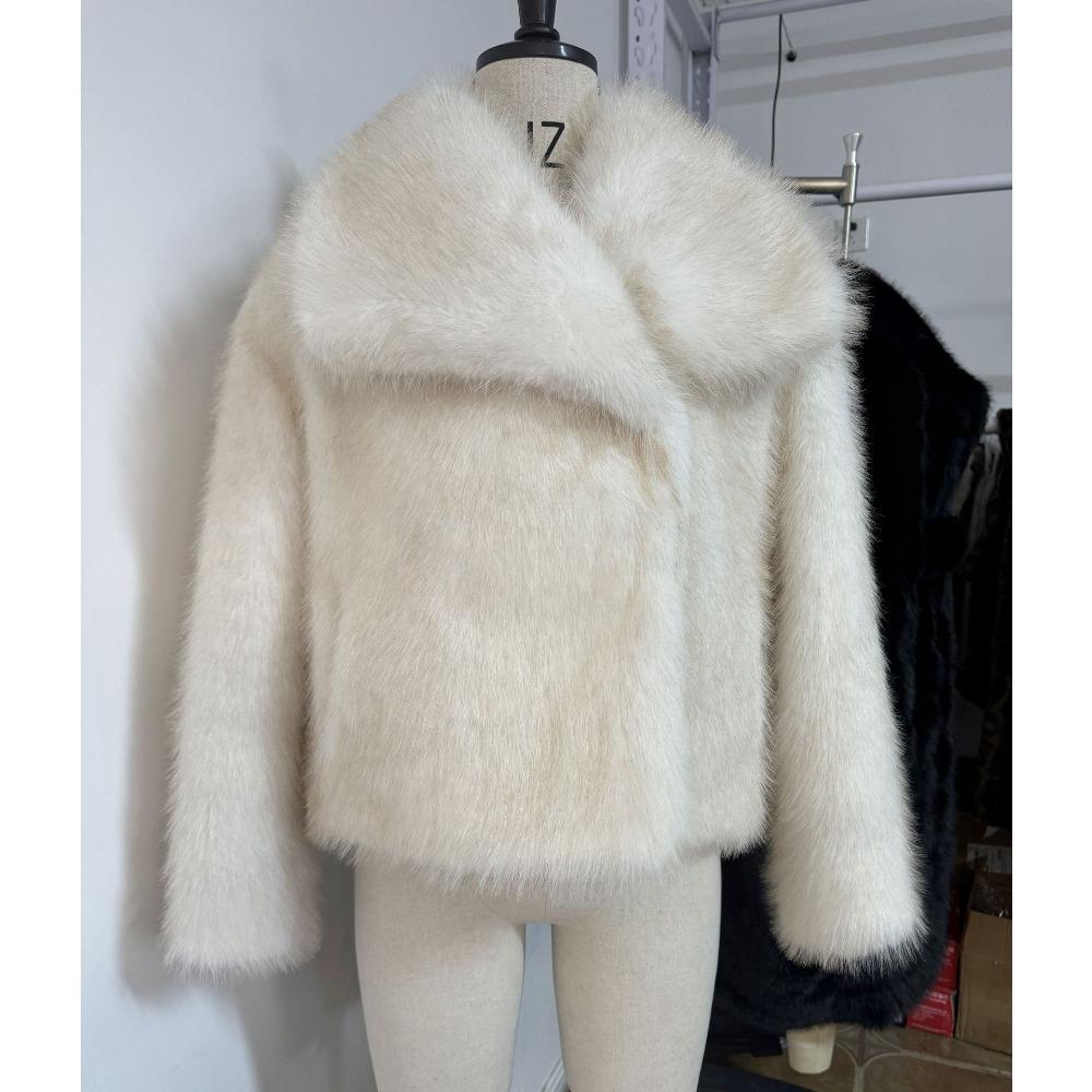 Women's Lapel Long Sleeve Faux Fur Short Coat Loose Sweet Solid Color Warm Winter Furry Outerwear Jacket