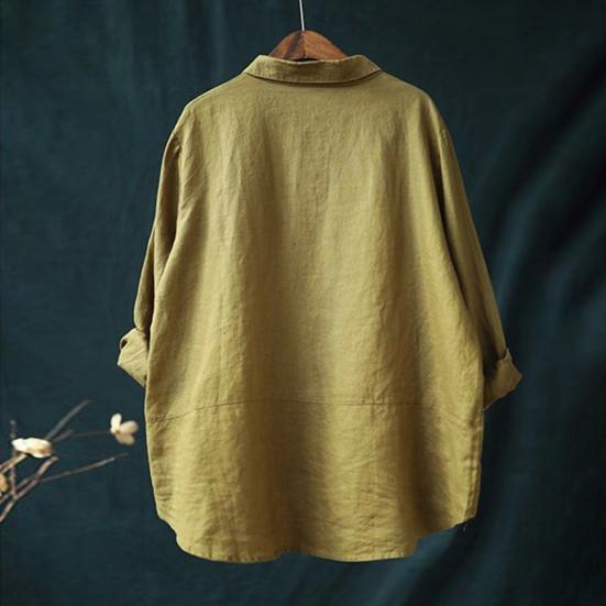 Women Shirt Turn-down Collar Long Sleeve Pullover Tops Buttons Half Placket Patch Pockets Casual Tops Solid Color Loose Fit Shirt