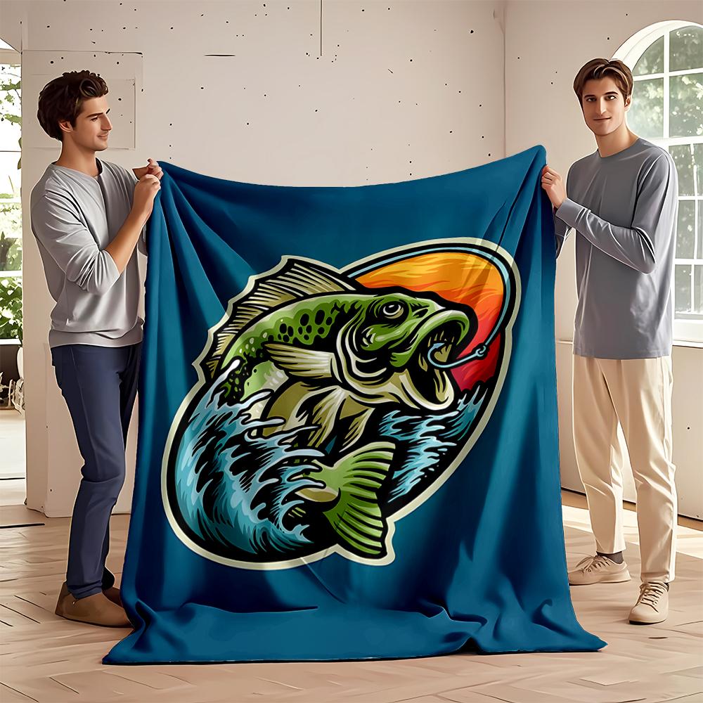 Leaping Bass Fish With Sunset Background Flannel blanket for bedroom, living room, sofa, and nap sofas.