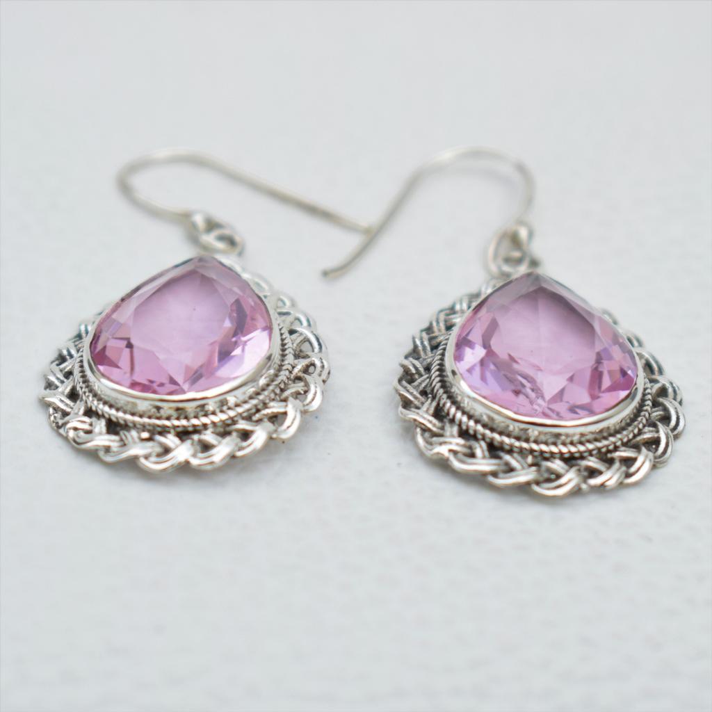 Handmade Pink Quartz Earrings: 925 Sterling Silver Teardrop Gemstone Earring