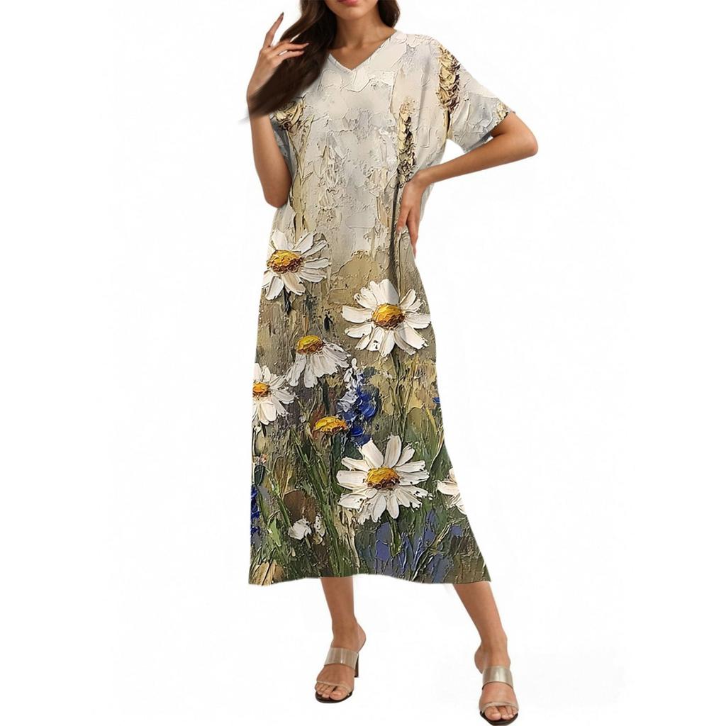 Fashion Women's Summer V-neck Short Sleeve Cotton And Linen Vintage Floral Print Beach Dress