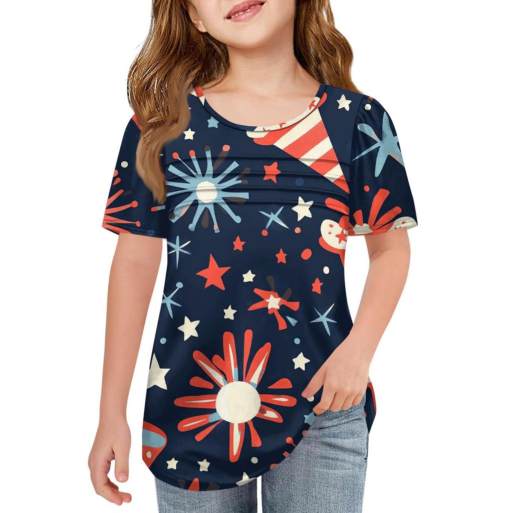 Детская плиссированная футболка с коротким рукавом, летняя футболка с круглым вырезом и принтом «День независимости»