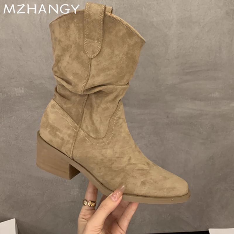 Fashion Women Suede Ankle Snow Boots Mid Heels Chunky Dress Fashion Warm Walking Boots Women 2024 Trend New Winter Designer Botas Mujer