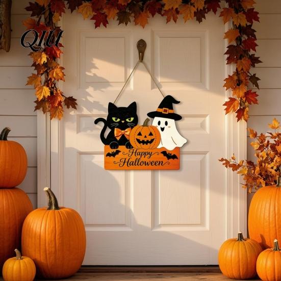 Black Cat Pumpkin Ghost Pendant Halloween Door Sign with Hemp Rope Lanyard, Printed Hanging Kindergarten Holiday Environment Decor Plaque, Wooden