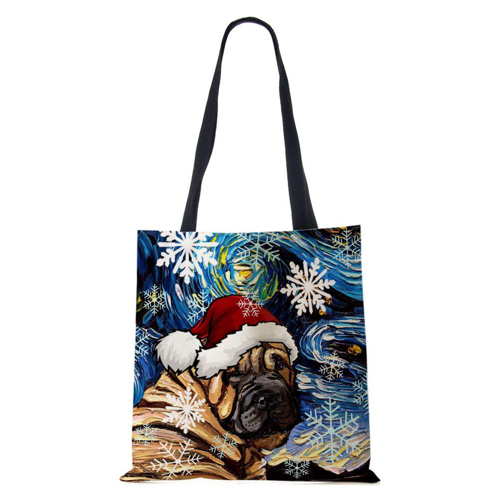 Рождественская холщовая сумка-шоппер для собак и кошек с принтом Харадзюку для женщин, многоразовая сумка через плечо, повседневная, большой вместимости, складная сумка-тоут CLE