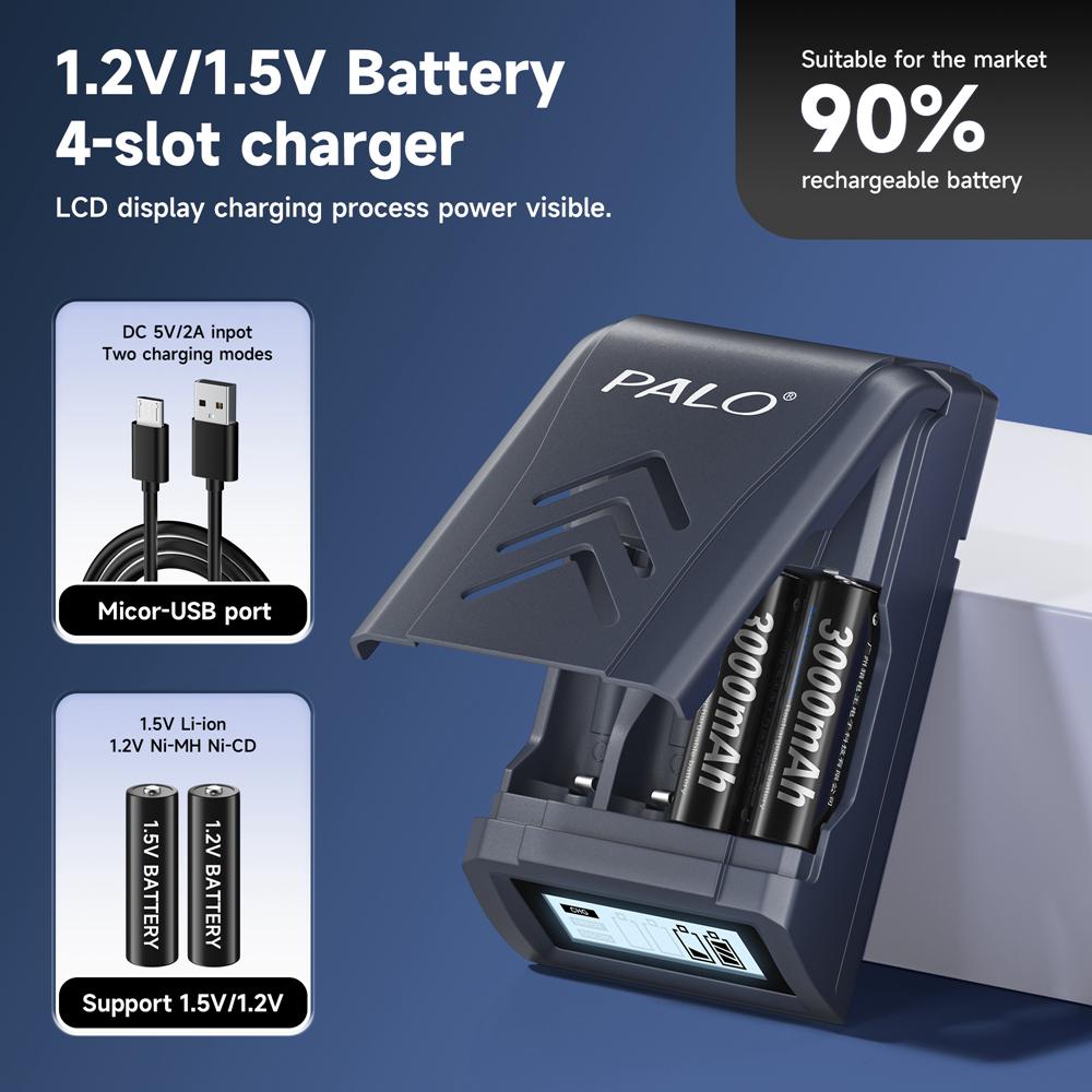 PALO 1,2 В NI-MH аккумуляторная батарея AA 3000 мАч AA NIMH 2A батареи с 4 слотами ЖК-USB зарядное устройство для батареи 1,2 В/1,5 В AA AAA