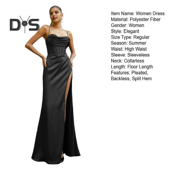 Женское вечернее платье на тонких бретельках с глубоким вырезом и открытыми плечами, без рукавов, с разрезом по низу, плиссированное макси-платье из атласа, свадебное банкетное бальное платье