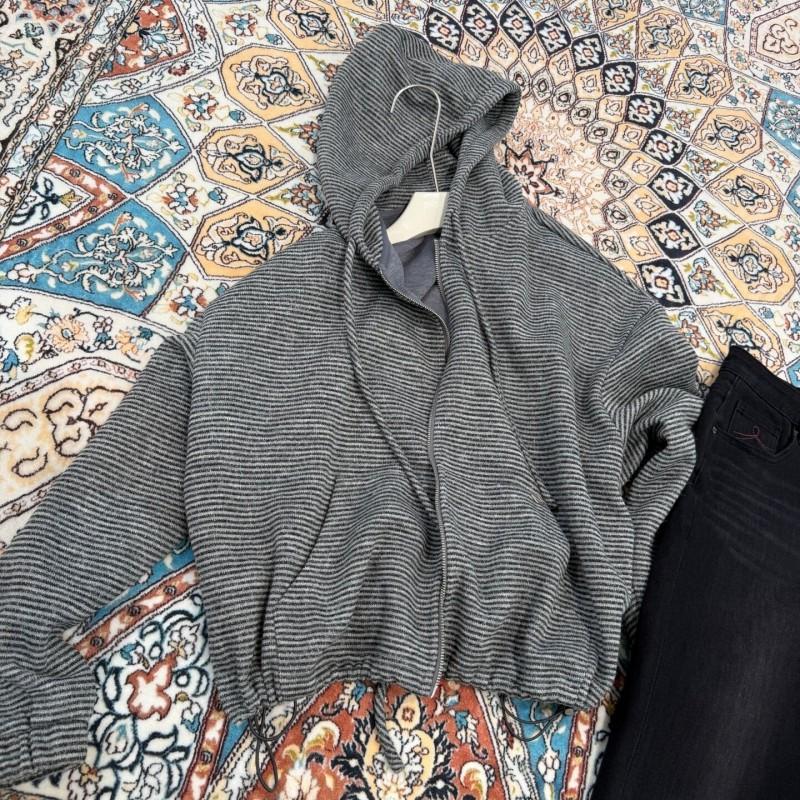 Vintage Striped Hooded Sweatshirt Loose Casual Thick Zip Cardigan Petite Women