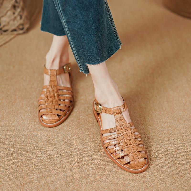 2024 Новые ретро полые женские сандалии из натуральной кожи качественные туфли на низком каблуке женские гладиаторы для отдыха повседневные рабочие римские туфли