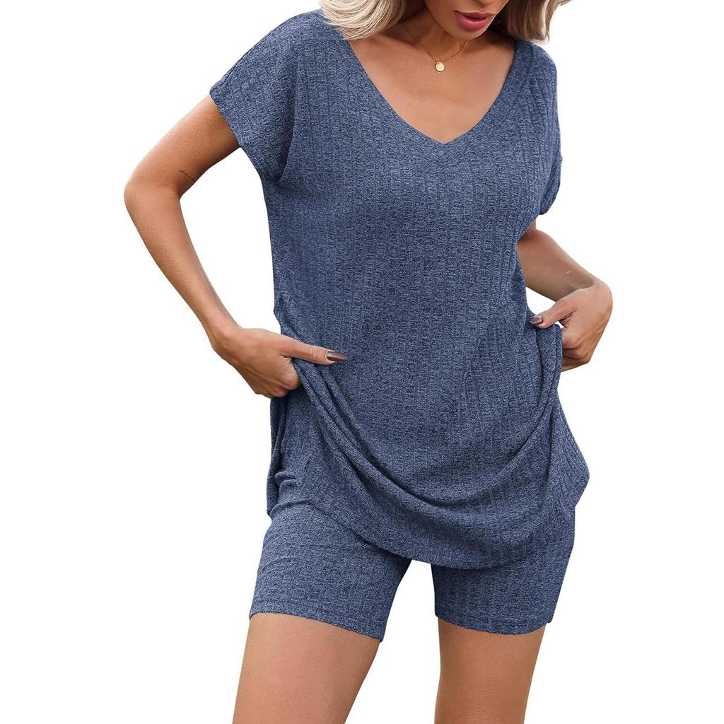 Женский летний комплект из двух частей с шортами, трикотажный домашний спортивный костюм с V-образным вырезом