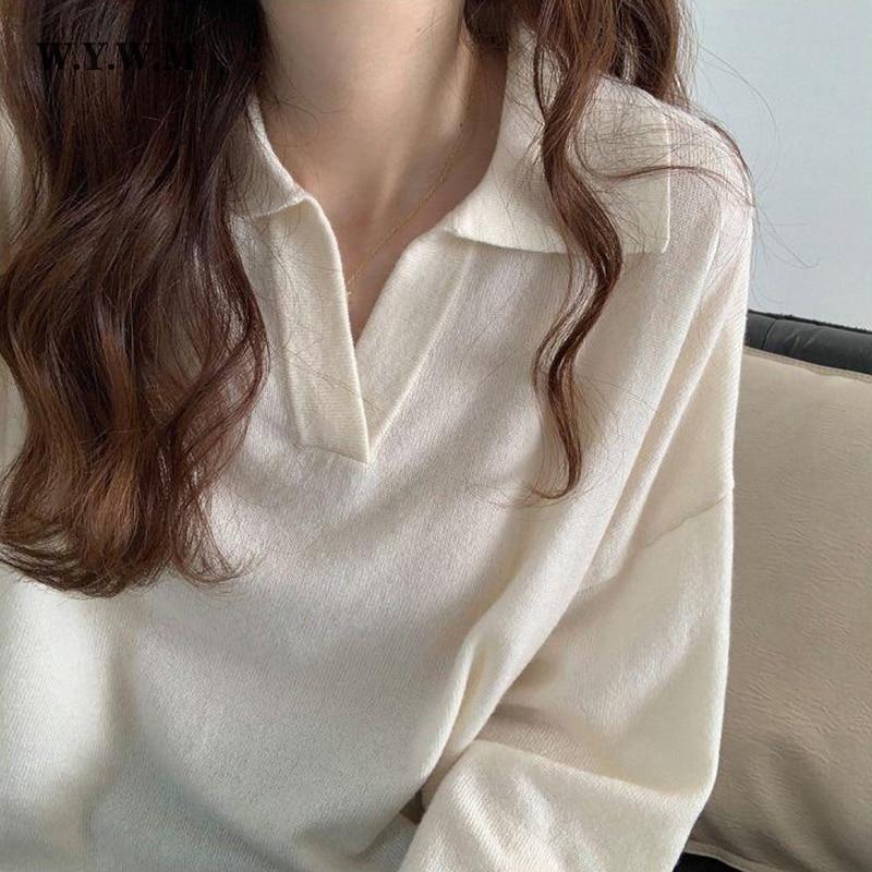 Осенний тонкий вязаный свитер, женский винтажный воротник-поло с длинным рукавом, уличная одежда, пуловер с v-образным вырезом, женская одежда