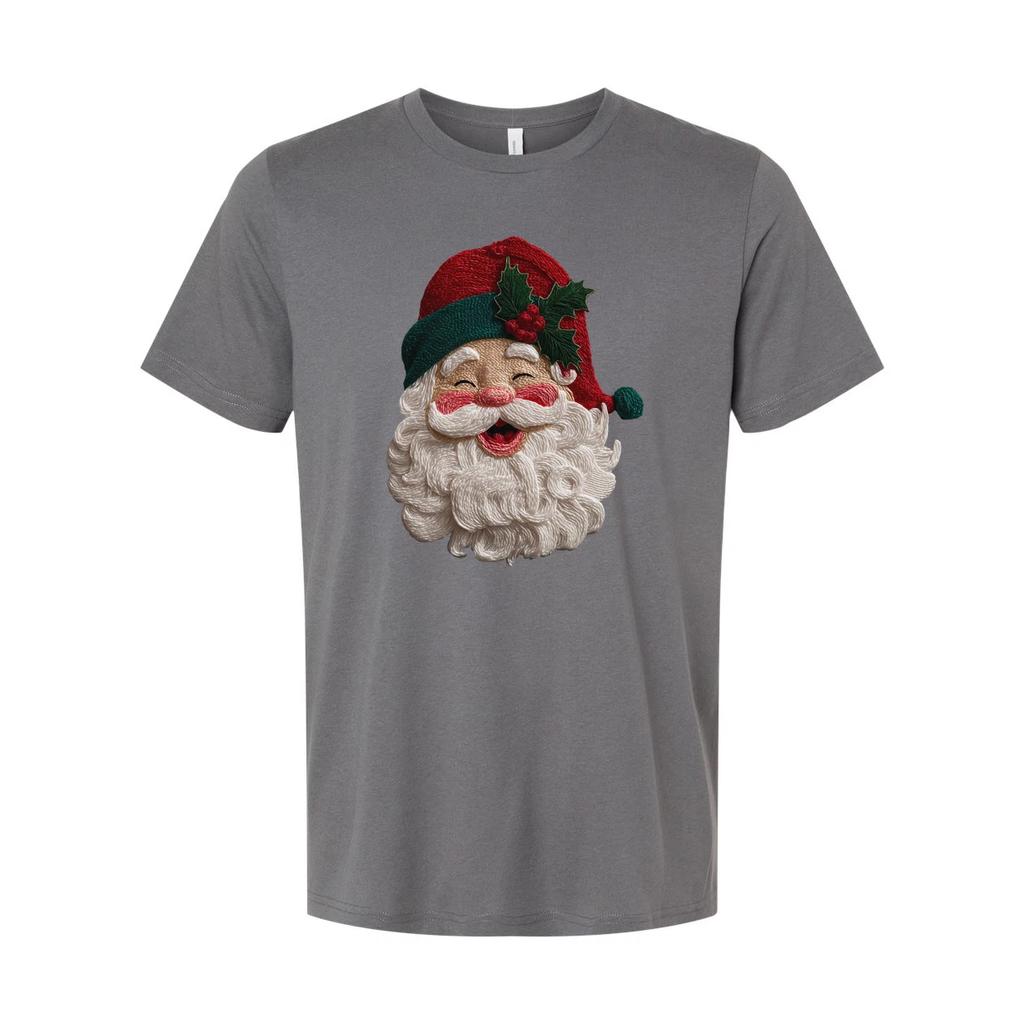 Unisex Christmas T Shirt With Santa Face And Holly Hat Design For Holiday Cheer