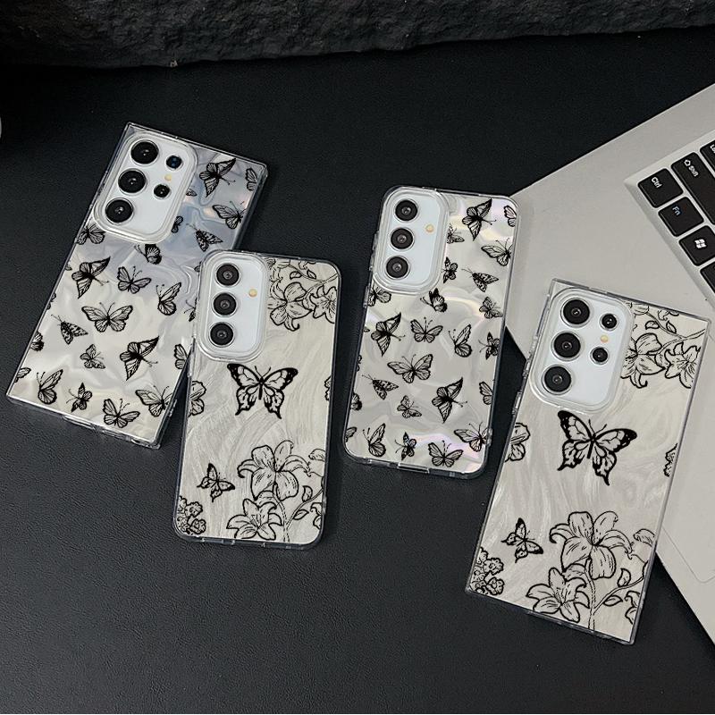 Черный блестящий глянцевый чехол для телефона с принтом бабочек для Samsung S25 S24 FE S23 Ultra A56 A36 A55 A16 A15 TPU PC Hybrid противоударный тонкий прозрачный бампер