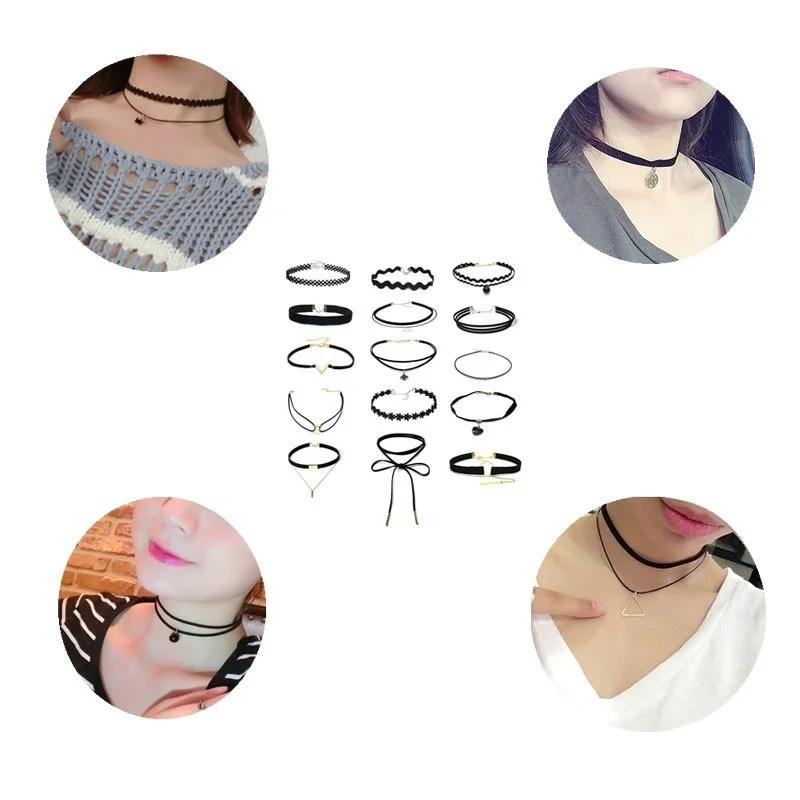 3 шт./компл., ожерелье, черное кружево, кожа, бархатная полоска, женский воротник, ювелирные изделия, аксессуары для шеи, colar kol