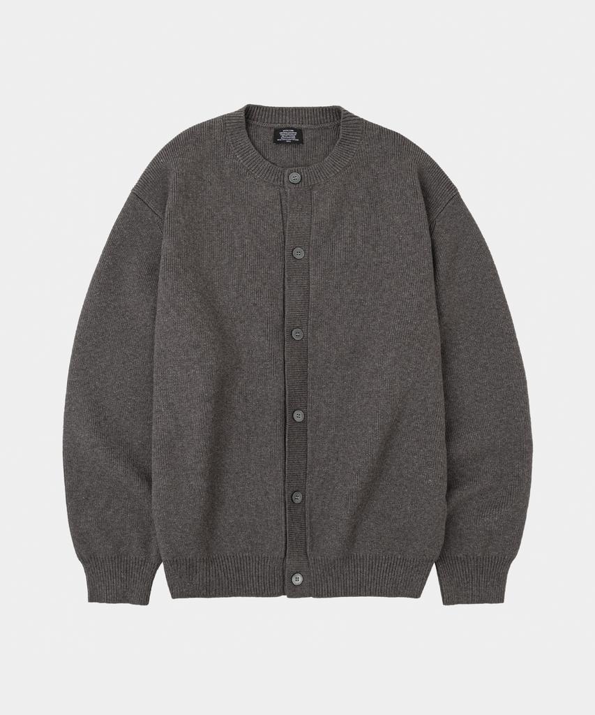 LETTERCOMO [Free Scarf] Essential Plain Round Knit Cardigan Dark Gray