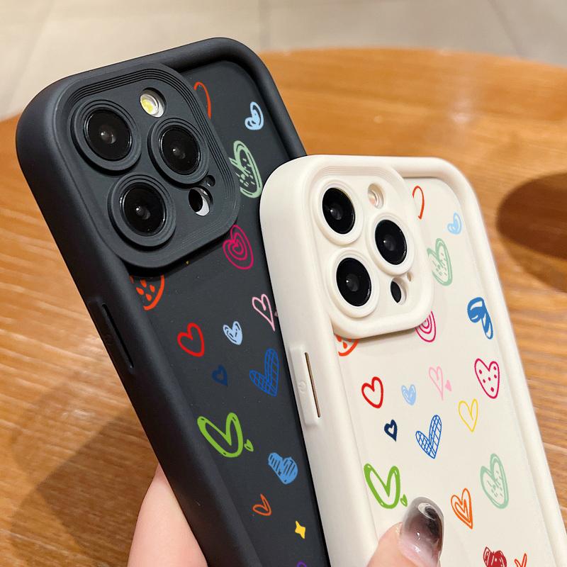 Cartoon Love Hearts Pattern Shockproof Phone Case for iPhone 16 15 14 Plus 13 12 11 Pro Max Xs Xr 8 7 Matte Tpu Soft Lens Protection Anti-Fall Cover