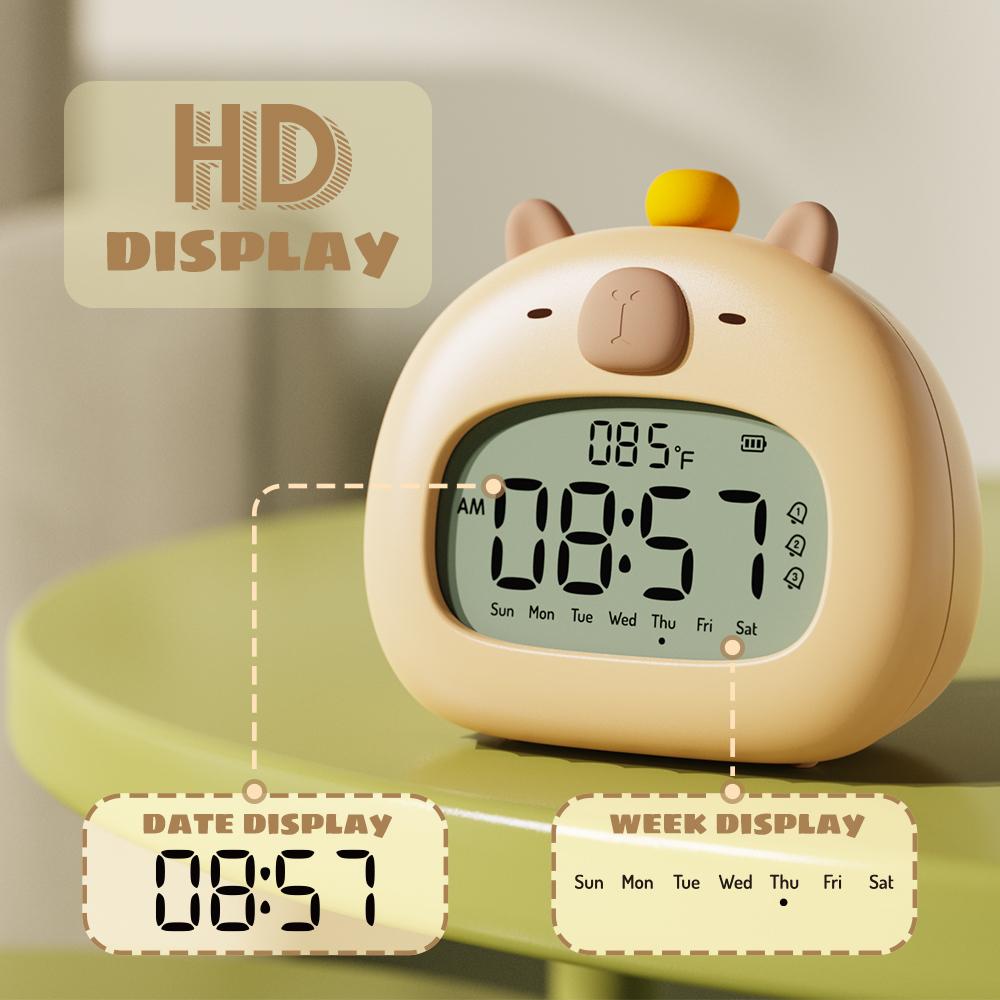 Cute Alarm Clock for Kids, Sleep Trainer with Time-to-Rise Light & Temperature Display, USB Rechargeable Night Light
