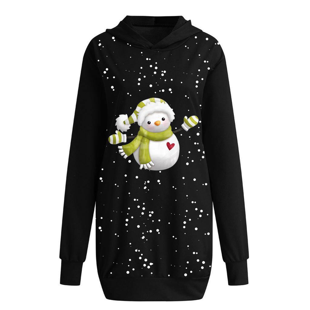 Women's Fashion Christmas Snowman Hoodie Bag Hip Pocket Print Hoodie Dress