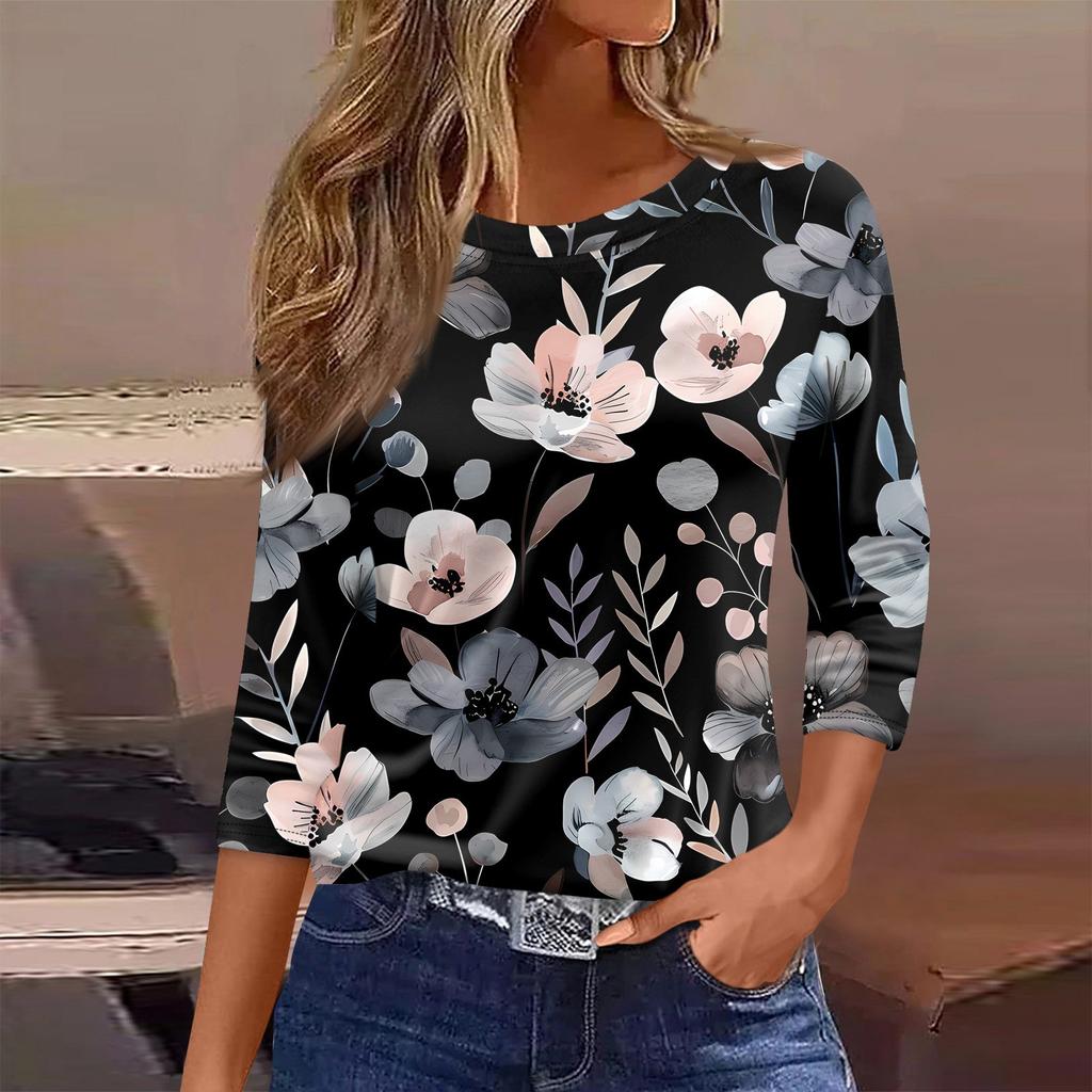 Женская футболка с принтом, рукав 3/4, повседневная, модная, на выходные, базовая, с круглым вырезом, стандартный топ