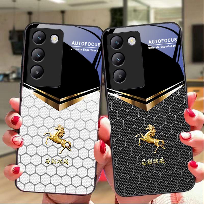 Сотовый конь для Y72 33S 11 03 36 96 Lite 35 16 Iqoo 12 V40 SE 5G 29 40 21 30 X80 Pro Vivo Чехол для телефона из закаленного стекла Черный