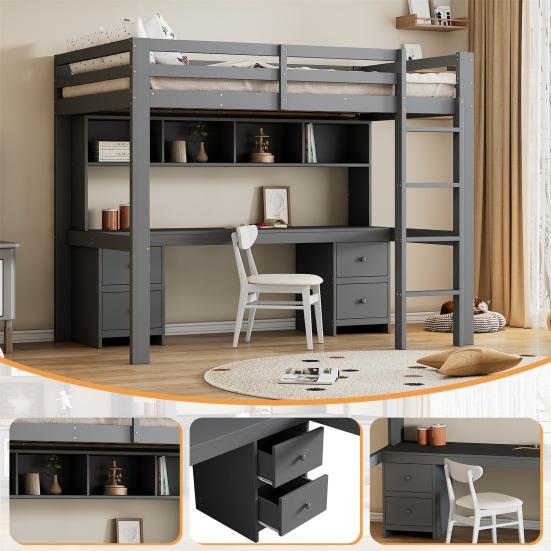 90x200cm Loft Bed, Children Bed, Bed Above, Table Below, Large Storage Space, High Railing, Stable Stairs,