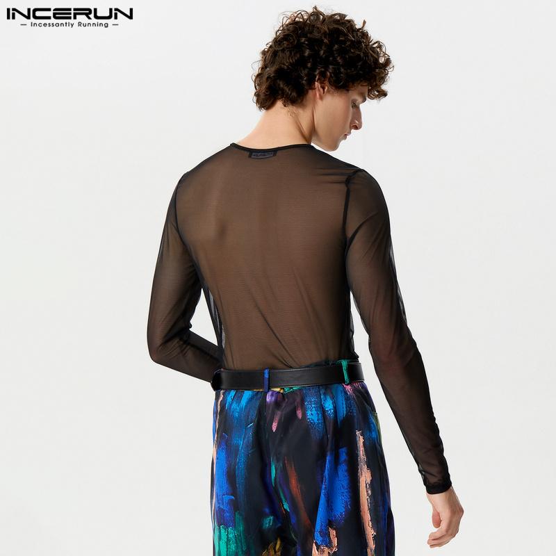 INCERUN Мужские прозрачные топы в сеточку с круглым вырезом и длинными рукавами