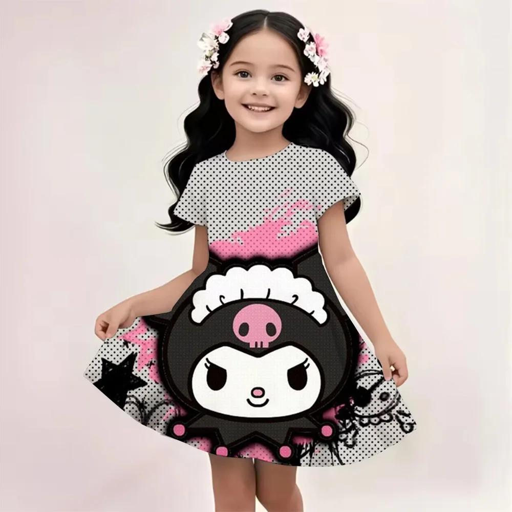 Летнее платье Sanrio Модное Мультяшное Милое Киннаморолл Хелло Китти 3D Печать Платье Детская Одежда с Коротким Рукавом Принцессы Куроми