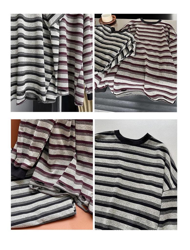 Juzhi 2024 Осенний корейский полосатый контрастный свитер-пуловер с круглым вырезом и длинными рукавами