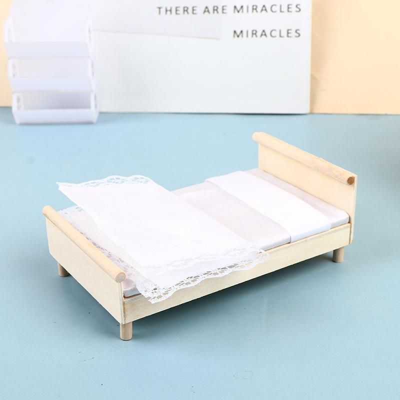 1:12 кукольных домиков Мини Мебель Спальня Микро Сцена Модель Деревянная Ткань Двуспальная Кровать